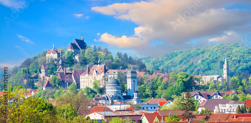 Cityscape of Sighisoara, panoramic view of historic buildings and citadel architecture of Transylvania