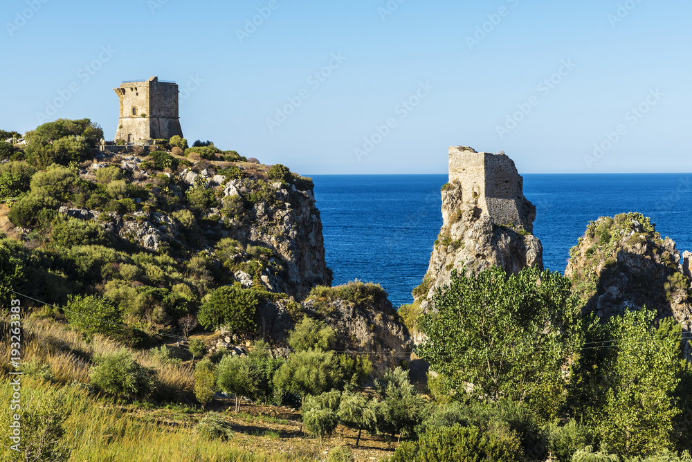 Medieval turrets on the coast in Scopello in Sicily, Italy