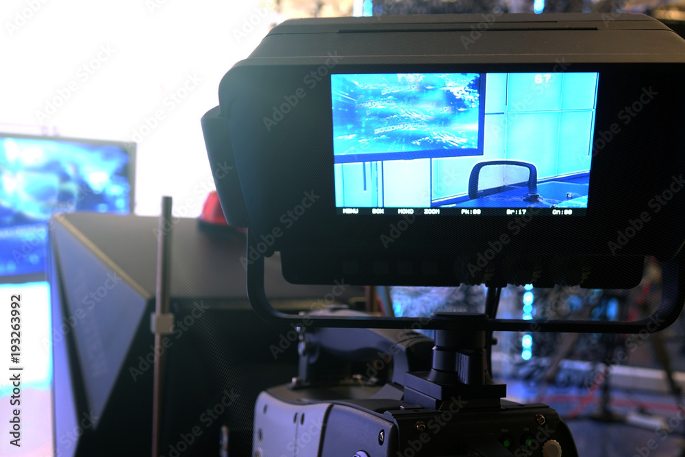 Television camera. Video camera-recording show in TV Studio-focus on camera Television camera. Video camera-recording show in TV Studio-focus on camera