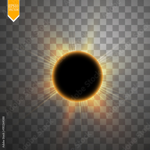 Total solar eclipse vector illustration on transparent background. Full moon shadow sun eclipse with corona vector illustration