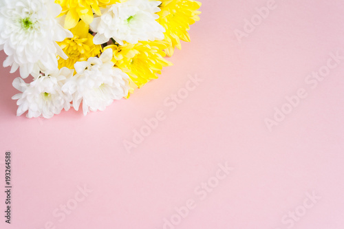 bouquet of white and yellow chrysanthemums on a pale pink background © EkaterinaVladimirova