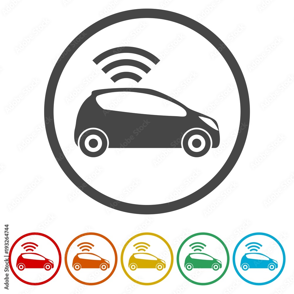 The Connected Car. Smart car icon with wireless connectivity symbol, 6 Colors Included The Connected Car. Smart car icon with wireless connectivity symbol, 6 Colors Included