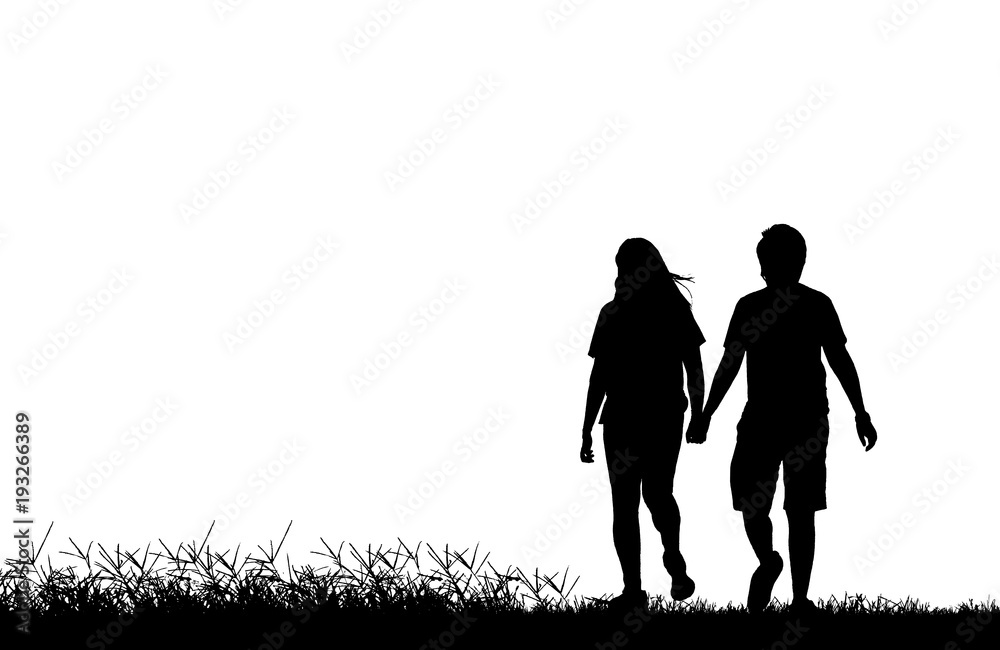 silhouette Couple in love walking in the park on white background silhouette Couple in love walking in the park on white background