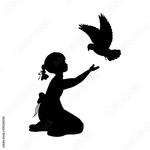 Silhouette girl bird pigeon world