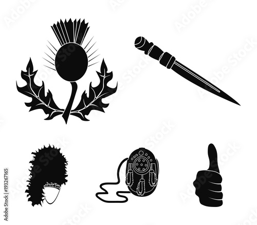 National Dirk Dagger, Thistle National Symbol, Sporran,glengarry.Scotland set collection icons in black style vector symbol stock illustration web.