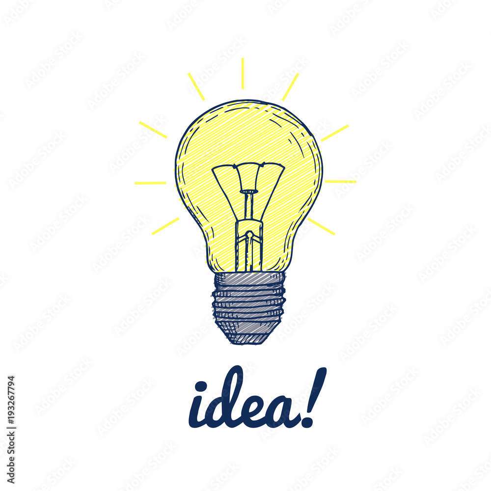 Hand drawn light bulb with inscription idea. Sketch with simple lamp and lettering. Creative business icon Hand drawn light bulb with inscription idea. Sketch with simple lamp and lettering. Creative business icon