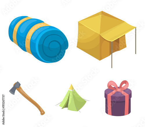 Tent with awning, ax and other accessories.Tent set collection icons in cartoon style vector symbol stock illustration web.