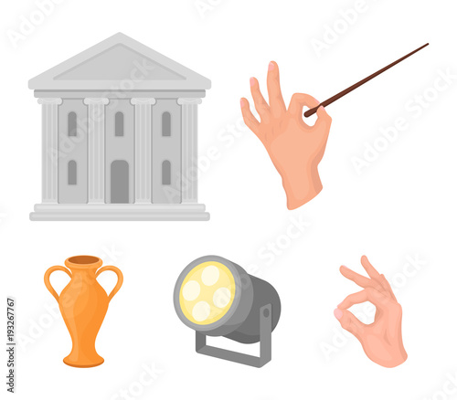 Conductor's baton, theater building, searchlight, amphora.Theatre set collection icons in cartoon style vector symbol stock illustration web.