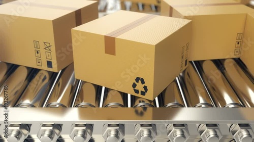 Cardboard boxes progresses along conveyor belt loopable animation. Cardboard boxes on conveyor belt