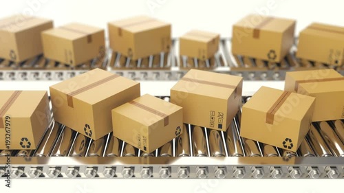 Cardboard boxes progresses along conveyor belt loopable animation. Cardboard boxes on conveyor belt