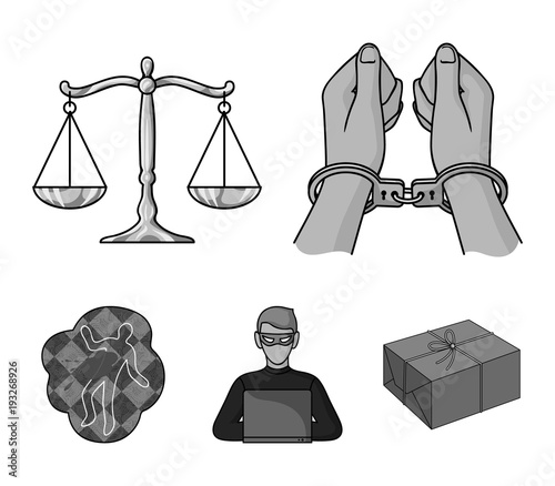 Handcuffs, scales of justice, hacker, crime scene.Crime set collection icons in monochrome style vector symbol stock illustration web.