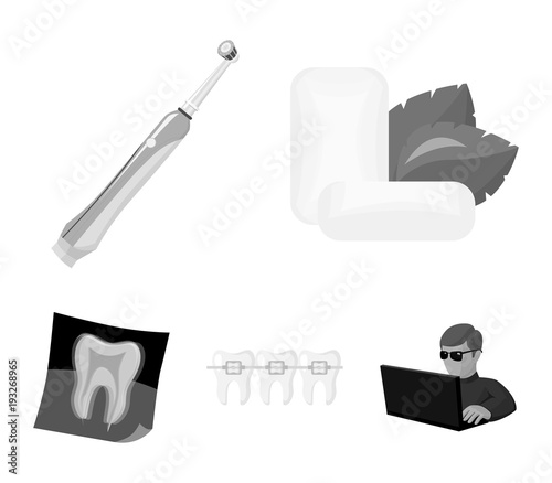 Mint chewing gum with mint leaves, toothbrush with bristles, bregettes with teeth, X-ray of the tooth. Dental care set collection icons in monochrome style vector symbol stock illustration web.