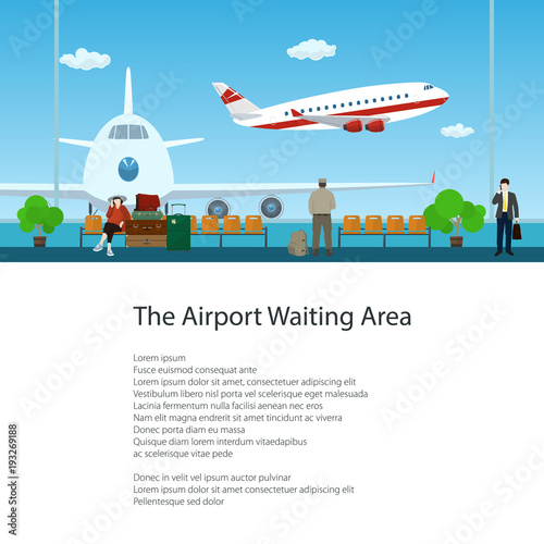 Flyer of Waiting Room at the Airport with Passengers, View on Airplanes through the Window, Travel and Tourism Concept, Poster Brochure Design, Vector Illustration