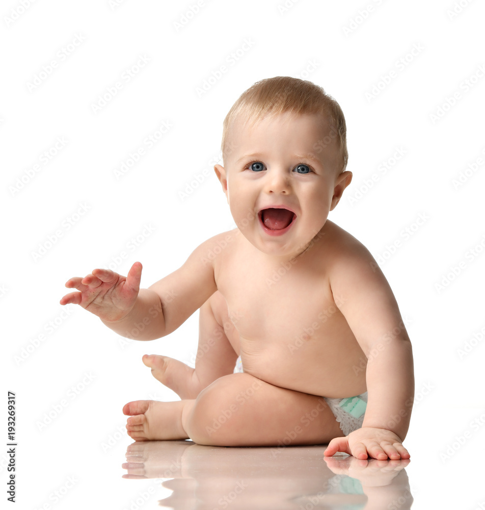 Infant child boy toddler in diaper crawl happy smiling Infant child boy toddler in diaper crawl happy smiling
