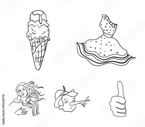 Italian dress, gelato, pinocchio, goddess of love. Italy set collection icons in outline style vector symbol stock illustration web.