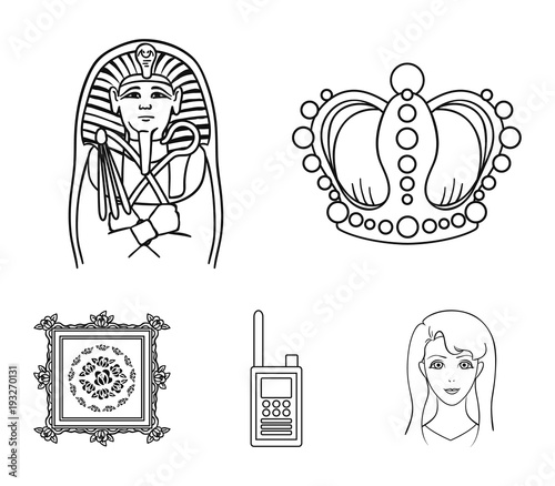 Crown, sarcophagus of the pharaoh, walkie-talkie, picture in the frame.Museum set collection icons in outline style vector symbol stock illustration web.