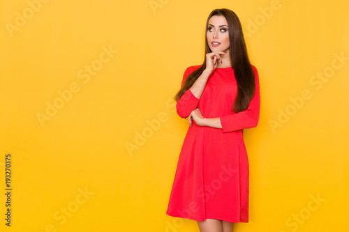 Beautiful Woman Is Red Mini Dress Is Looking Away