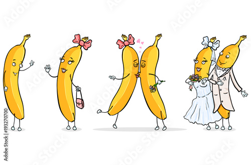 Vector Set of Male and Female Banana Characters - Banana Love Story