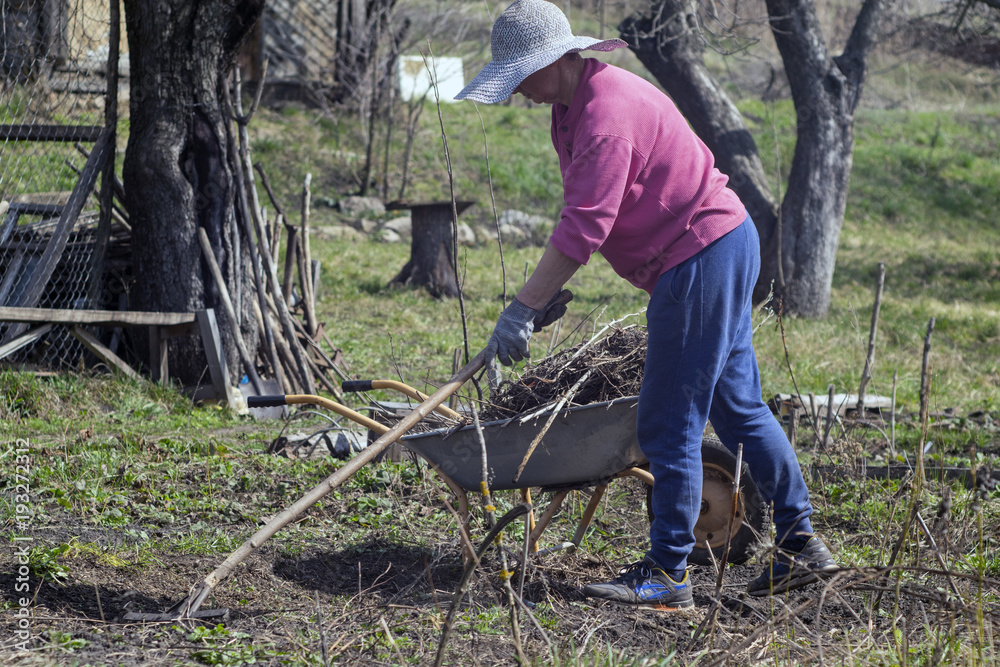 Woman working with a rake in a spring garden Woman working with a rake in a spring garden