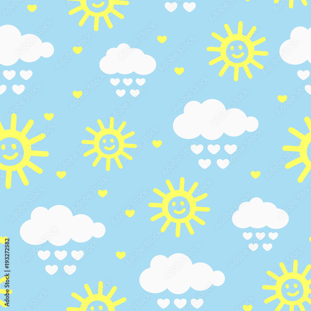 Cute seamless pattern with clouds, raindrops, hearts and smiling sun. Drawn by hand. - obrazy, fototapety, plakaty 