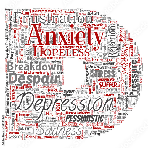 Vector conceptual depression or mental emotional disorder problem letter font D word cloud isolated background. Collage of anxiety sadness, negative sad, despair, unhappy, frustration symptom