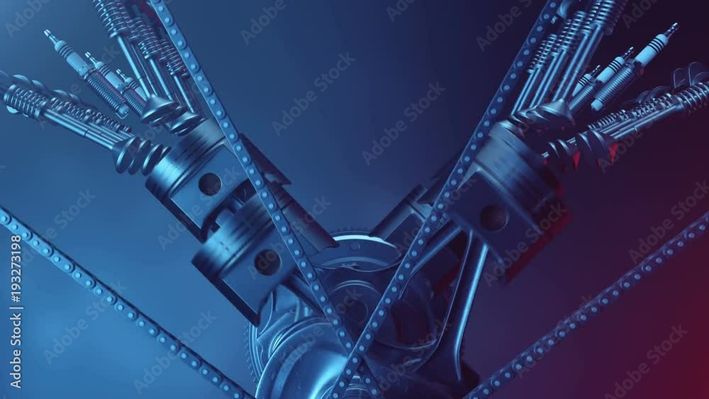 V6 engine inside, animation in motion, pistons, camshaft, chain, valves and other mechanical parts car. Illustration of how an internal combustion engine works in motion