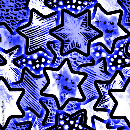 Festive Magic Seamless Pattern with Neon Watercolor Stars. Lighting Christmas Tree Garland Background. New Year Flashlights. Hand drawn star print for wrapping, textile, wallpaper, cards, books.