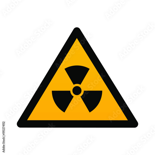 Radioactive contamination in the triangle sign flat design vector illustration. Bllack triangle and sign, yellow background. Toxic sign, warning of radioactive zone isolated on white background