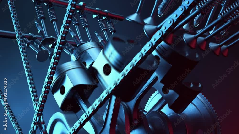 V6 engine inside, animation in motion, pistons, camshaft, chain, valves
