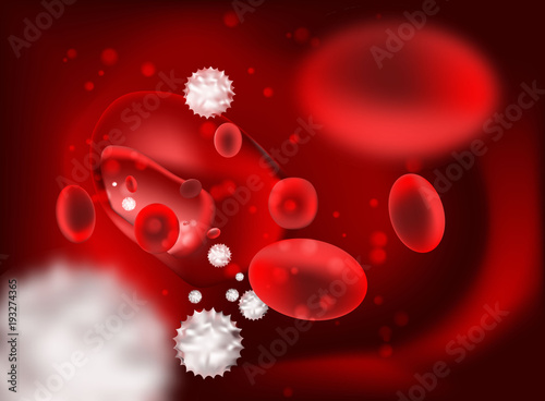 3d streaming blood cells on red background.