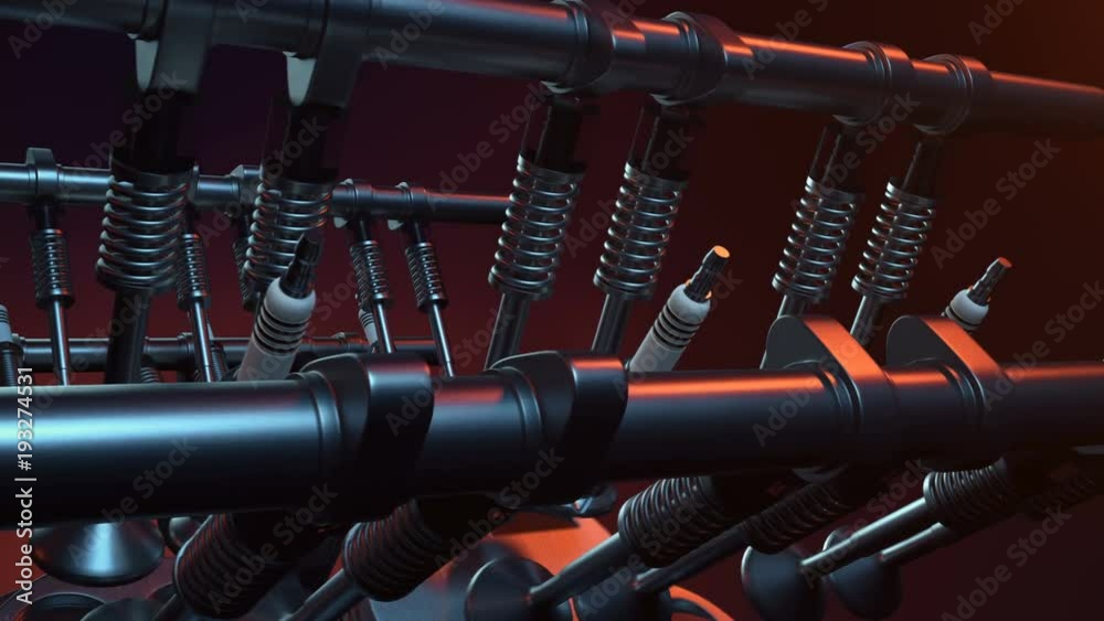 V6 engine inside, animation in motion, pistons, camshaft, chain, valves