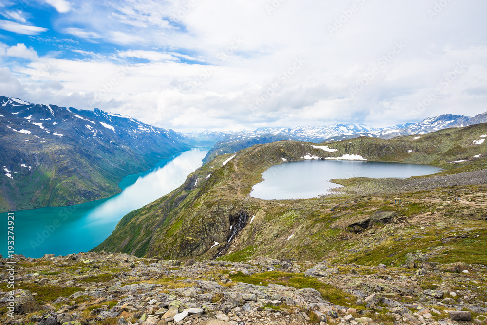 Landscapes of Besseggen. Beautiful blue lake and good weather in Norway