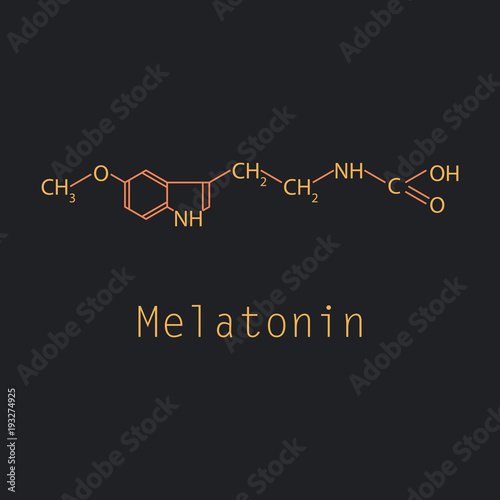 Melatonin hormone molecule. In humans, it plays a role in circadian rhythm synchronization. Skeletal formula.