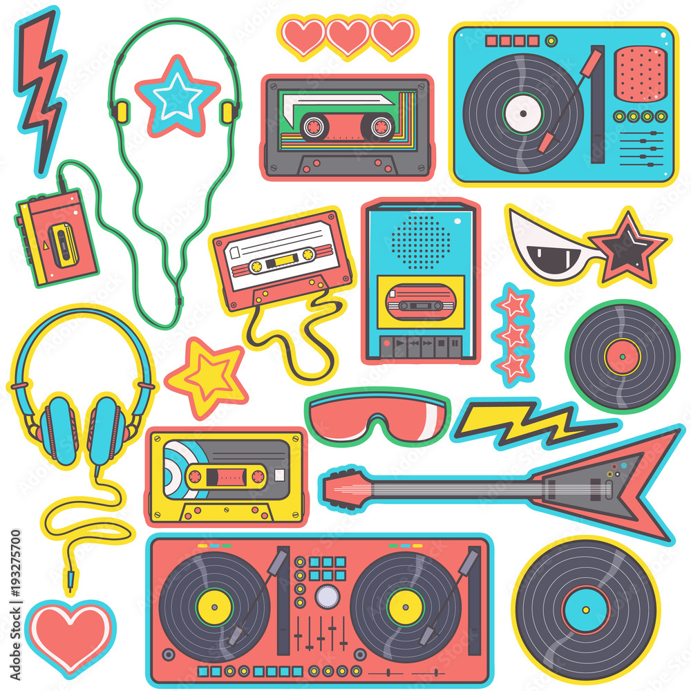 Colorful collection of eighties pop music style stickers, isolated vector  designs on white background Stock Vector | Adobe Stock