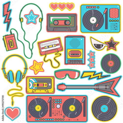 Colorful collection of eighties pop music style stickers, isolated vector  designs on white background Stock Vector | Adobe Stock