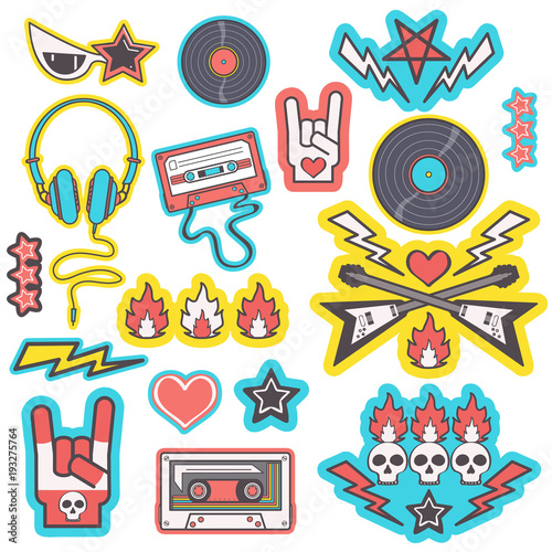Colorful set of rock music style stickers, isolated vector design set on white background