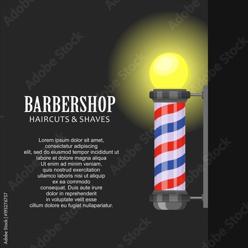 Barber shop pole with stripes on dark background. Barbershop sign, hairdresser symbol in flat style. Banner template Vector illustration