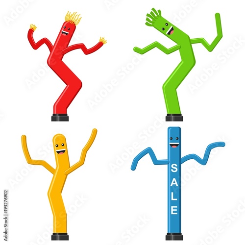 Dancing inflatable tube man set in flat style isolated on white background. Wacky waving air hand for sales and advertising. Vector illustration