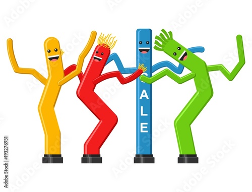 Dancing inflatable tube man set in flat style isolated on white background. Wacky waving air hand for sales and advertising. Vector illustration