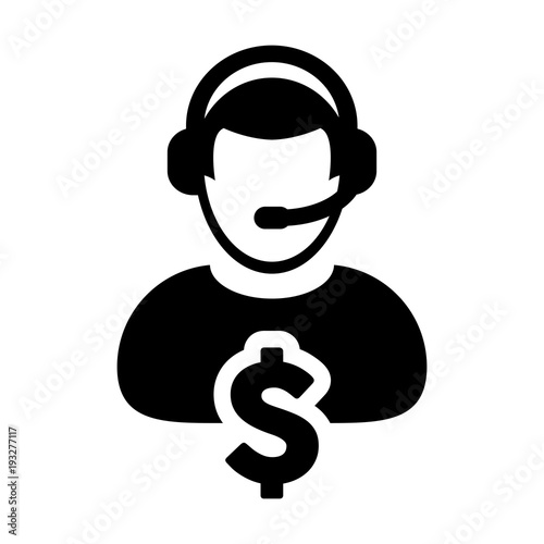 Service Icon Vector Dollar Sign for Banking and Financial Online Support Male Person Profile Avatar for Customer Helpline with Headset in Glyph Pictogram Symbol illustration