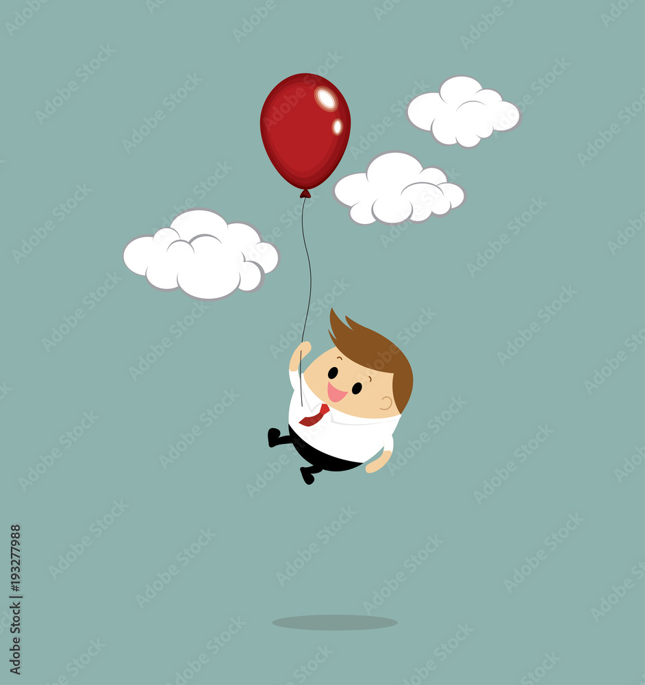 Businessman is flying with red balloon Businessman is flying with red balloon