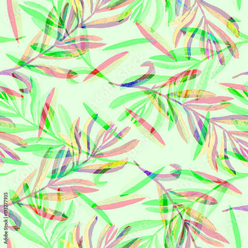 Branches with green and pink leaves, seamless pattern design, hand painted watercolor illustration, soft green background