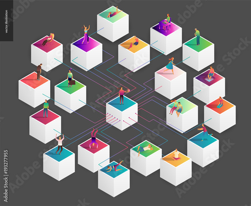 Blockchain concept vector illustration - scheme showing the cryptocurrency transaction processing and user connection