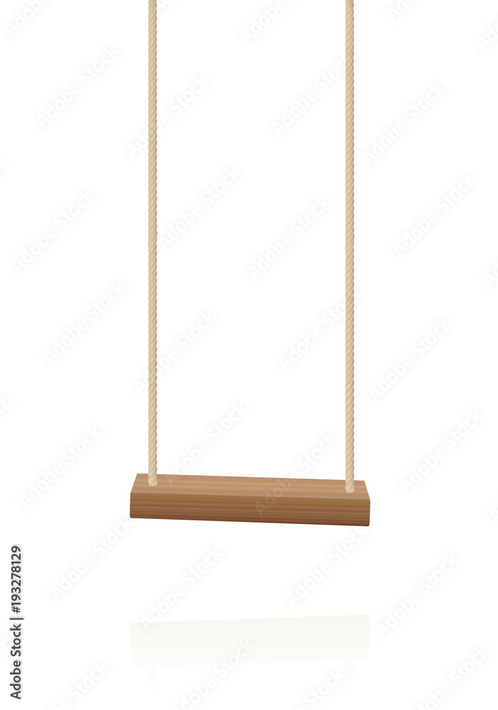 Swing. Simple wooden playground toy, a wooden plank and two ropes - isolated vector illustration on white background. - obrazy, fototapety, plakaty 