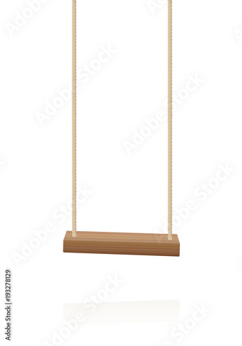 Swing. Simple wooden playground toy, a wooden plank and two ropes - isolated vector illustration on white background.