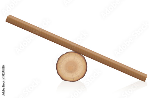 Wooden balance toy. Simple rustic seesaw constructed of a lying tree trunk and a wooden plank - isolated vector illustration on white background.