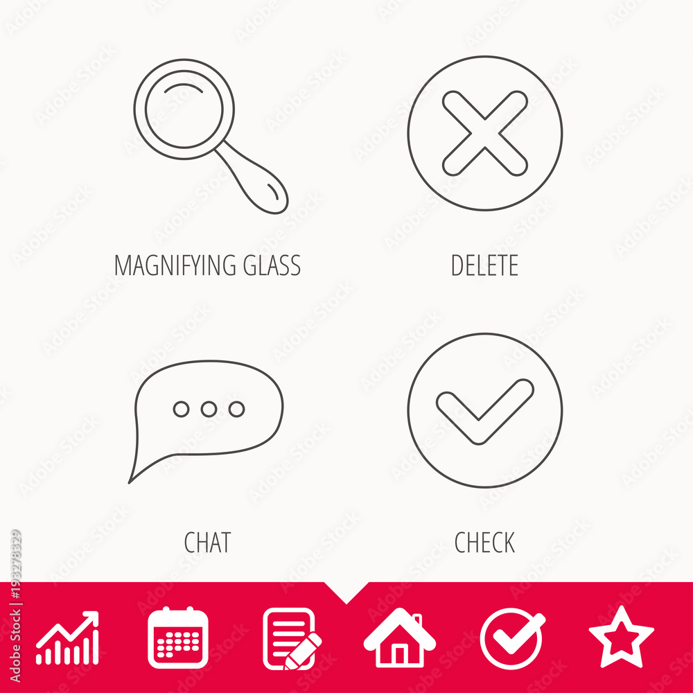 Delete, check and chat speech bubble icons. Delete, check and chat speech bubble icons.