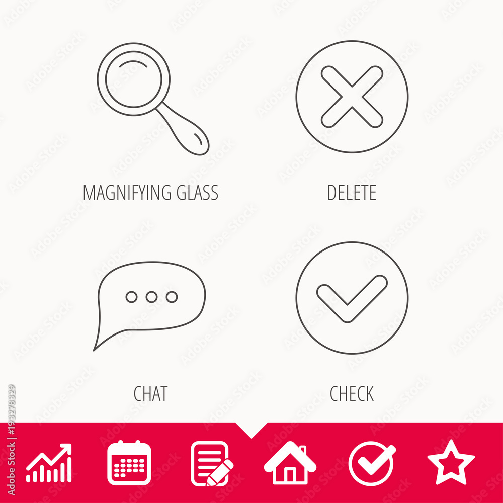 Delete, check and chat speech bubble icons.