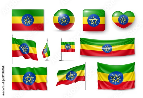 Set Ethiopia flags, banners, banners, symbols, realistic icon. Vector illustration of collection of national symbols on various objects and state signs Free Download Set Ethiopia flags, banners, banners, symbols, realistic icon. Vector illustration of collection of national symbols on various objects and state signs - GFXLoad