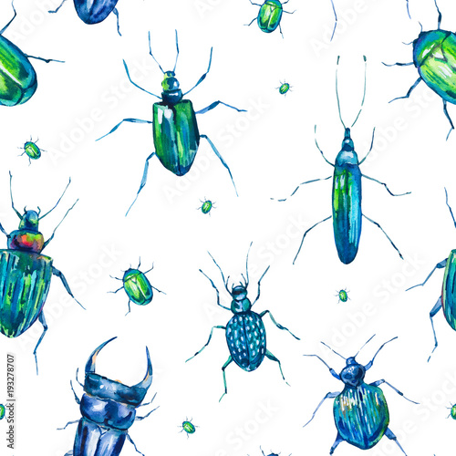 Watercolor seamless pattern with green beetles